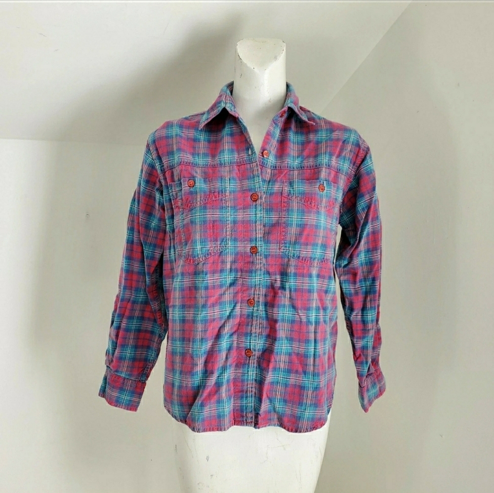 90s Vintage Pink & Blue Plaid Button Front Shirt - Picture 3 of 9